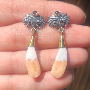Owl - Orange Scolecite - India & Garnet 925 Stud Earrings