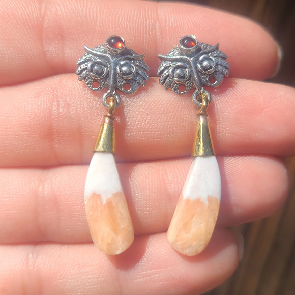 Owl - Orange Scolecite - India & Garnet 925 Stud Earrings