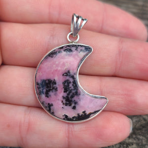 Crescent Moon - Rhodonite 925 Pendant
