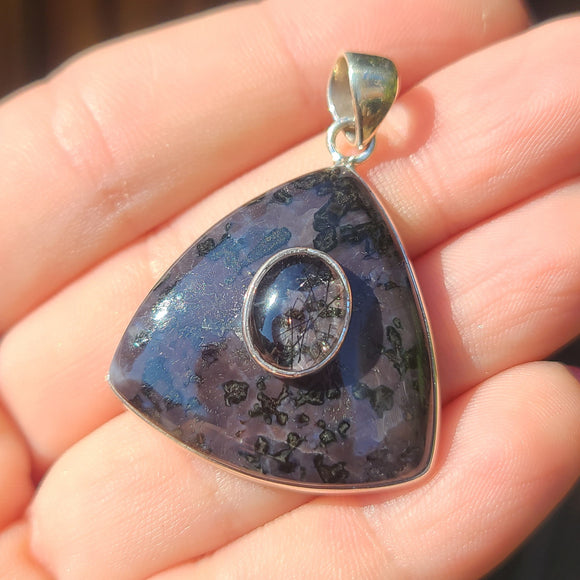 Indigo Gabbro & Black Tourmaline in Quartz 925 Pendant