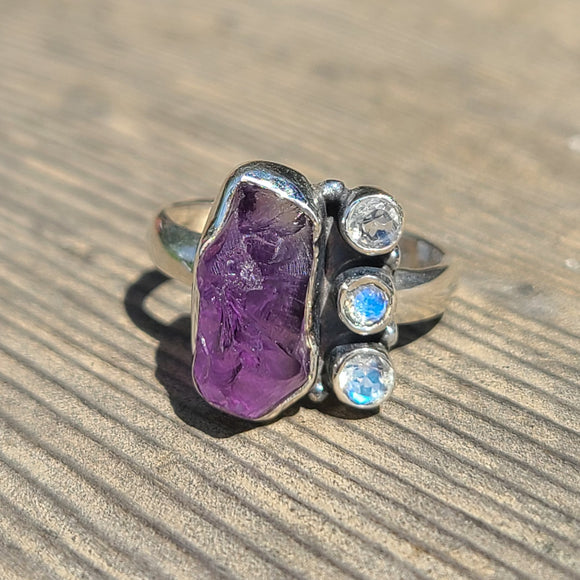 Rough Amethyst & Rainbow Moonstone 925 Ring