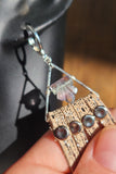 "Pyramid Love" Carved Fluorite & Shiny Silver Print Tan Leather 925 Earrings