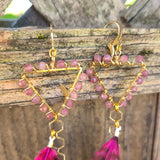"Hot to Trot" Wire Wrapped Pink Tourmaline & Rooster Feather Earrings