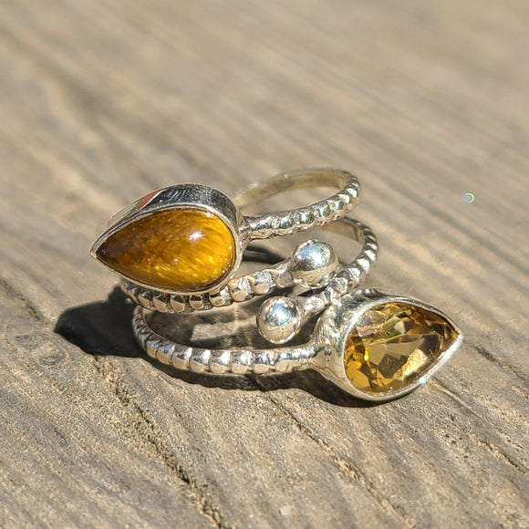 Adjustable - Citrine & Tiger Eye 925 Ring