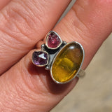 Baltic Amber, Amethyst (Rough) & Pink Tourmaline (Rough) 925 Ring