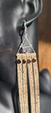 "Pyramid Love" Carved Fluorite & Shiny Silver Print Tan Leather 925 Earrings