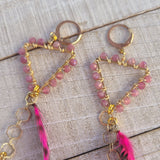 "Hot to Trot" Wire Wrapped Pink Tourmaline & Rooster Feather Earrings