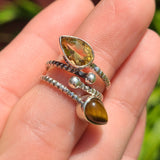 Adjustable - Citrine & Tiger Eye 925 Ring