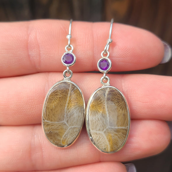 Flower Fossil Coral & Amethyst 925 Earrings