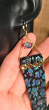 Blue Topaz & Rainbow Irridescent Leopard Print Black Leather 14k Gold Plated Earrings