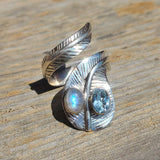 Feather Wrap - Rainbow Moonstone & Blue Topaz 925 Ring