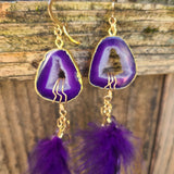 Purple Royalty Geode & Amethyst Feather Earrings