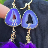 Purple Royalty Geode & Amethyst Feather Earrings