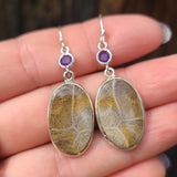 Flower Fossil Coral & Amethyst 925 Earrings