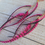 "Hot to Trot" Wire Wrapped Pink Tourmaline & Rooster Feather Earrings