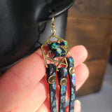 "Buttery Tetrahedron Grid" Rainbow Leather & Copper Turquoise 14k Gold Plated Earrings