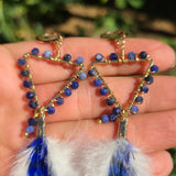 "So Bright Sodalite" Wire Wrapped Rooster Feather Earrings