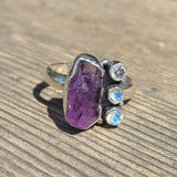 Rough Amethyst & Rainbow Moonstone 925 Ring