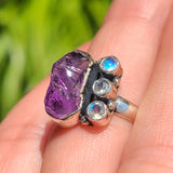 Rough Amethyst & Rainbow Moonstone 925 Ring