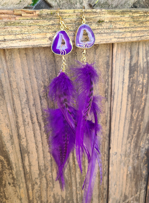 Purple Royalty Geode & Amethyst Feather Earrings