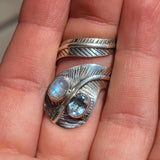 Feather Wrap - Rainbow Moonstone & Blue Topaz 925 Ring
