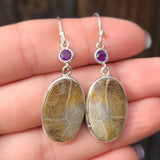 Flower Fossil Coral & Amethyst 925 Earrings