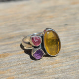 Baltic Amber, Amethyst (Rough) & Pink Tourmaline (Rough) 925 Ring