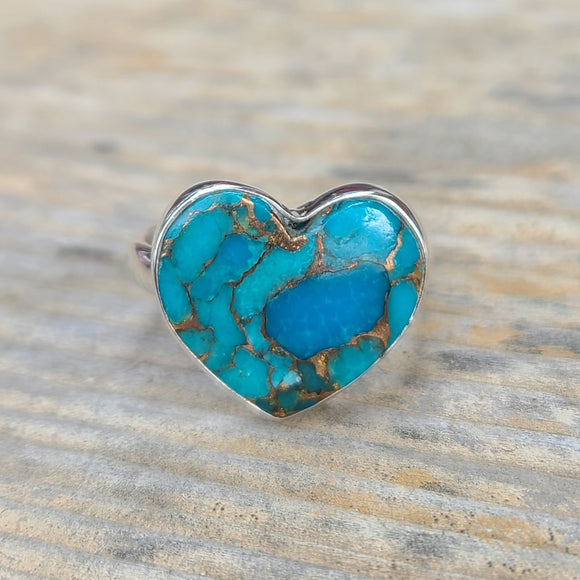 Heart - Copper Blue Turquoise 925 Ring