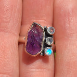 Rough Amethyst & Rainbow Moonstone 925 Ring
