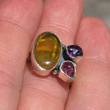 Baltic Amber, Amethyst (Rough) & Pink Tourmaline (Rough) 925 Ring