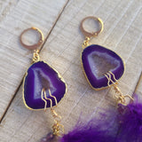 Purple Royalty Geode & Amethyst Feather Earrings