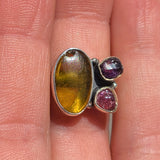 Baltic Amber, Amethyst (Rough) & Pink Tourmaline (Rough) 925 Ring
