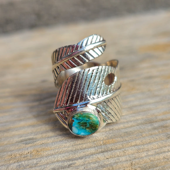 Adjustable Feather - Spiny Oyster Turquoise 925 Ring