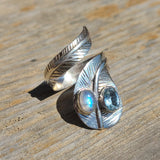 Feather Wrap - Rainbow Moonstone & Blue Topaz 925 Ring