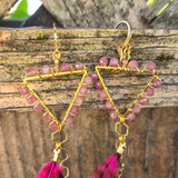 "Hot to Trot" Wire Wrapped Pink Tourmaline & Rooster Feather Earrings