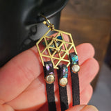 "Buttery Tetrahedron Grid" Rainbow Leather & Copper Turquoise 14k Gold Plated Earrings