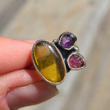 Baltic Amber, Amethyst (Rough) & Pink Tourmaline (Rough) 925 Ring