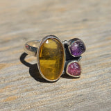 Baltic Amber, Amethyst (Rough) & Pink Tourmaline (Rough) 925 Ring