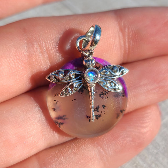 Dragonfly - Purple Dendritic Opal & Rainbow Moonstone 925 Pendant